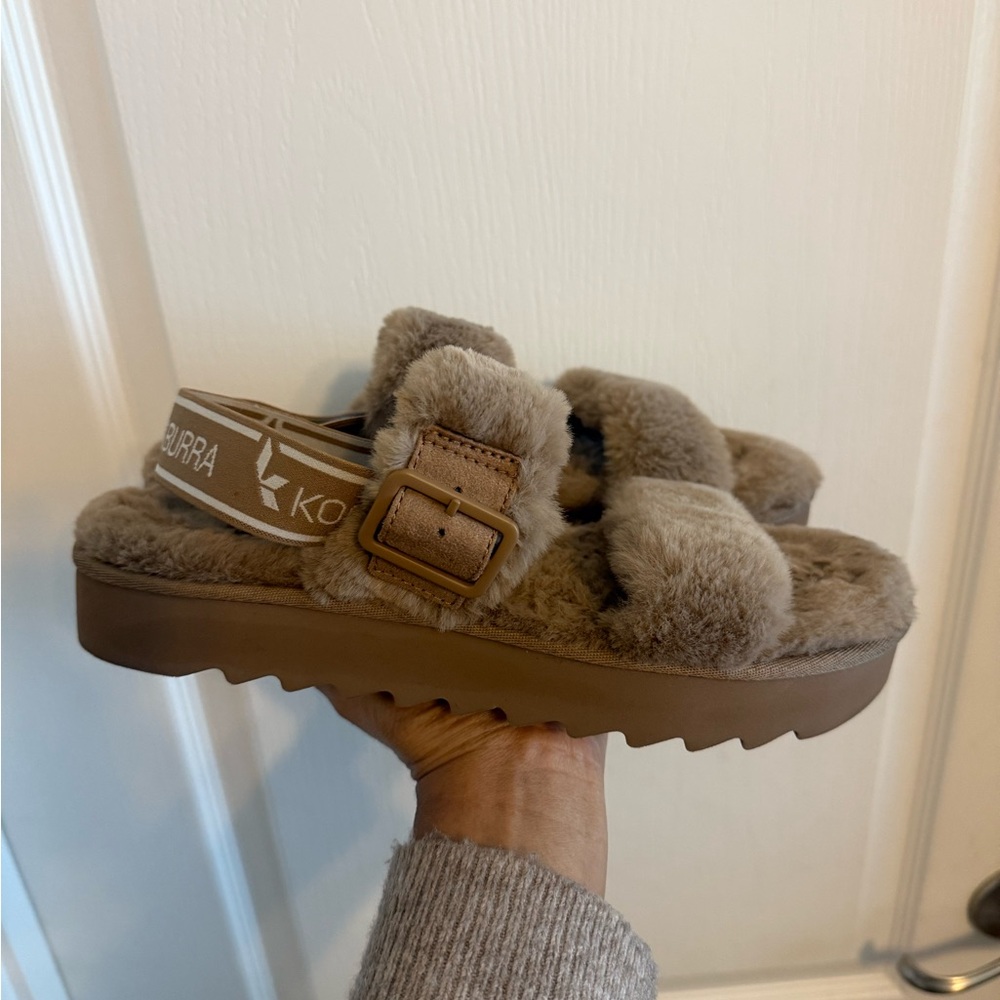 Koolaburra By Ugg Fuzz Oh Slingback Fuzzy Tan Faux Fur Buckle Comfort Sandals